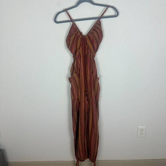 Free People Sundaze For Surfin' Jumpsuit M Red Clay Combo Striped Cotton Boho - Picture 2 of 12